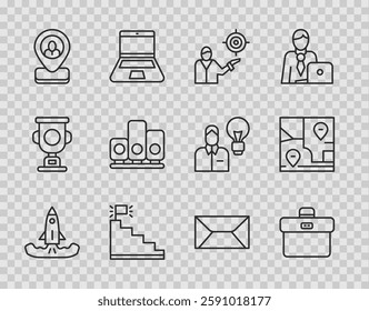 Set line Rocket, Briefcase, Marketing target strategy, Stair with finish flag, Worker location, Ranking star, Envelope and Folded map icon. Vector