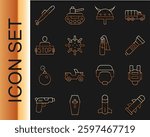 Set line Rocket, Bulletproof vest, Flashlight, Viking in horned helmet, Naval mine, Stop war, Submarine and Cocktail molotov icon. Vector
