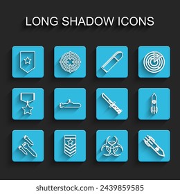 Set line Rocket, Chevron, Biohazard symbol, rocket, Submarine, Nuclear and Military knife icon. Vector