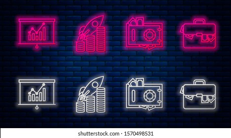 Set line Rocket flying up on coins growth chart, Safe and money, Board with graph chart and Briefcase and money. Glowing neon icon on brick wall. Vector