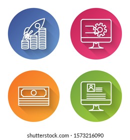 Set line Rocket flying up on coins growth chart, Computer monitor with graph chart, Stacks paper money cash and Computer monitor with resume. Color circle button. Vector