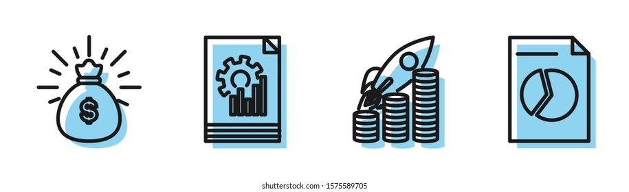 Set line Rocket flying up on coins growth chart, Money bag, Document with graph chart and Document with graph chart icon. Vector