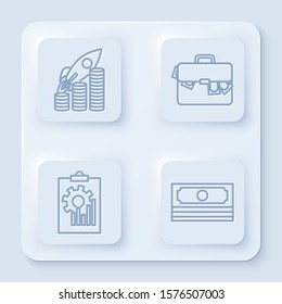 Set line Rocket flying up on coins growth chart, Briefcase and money, Clipboard with graph chart and Stacks paper money cash. White square button. Vector