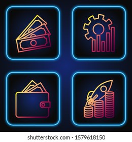 Set line Rocket flying up on coins growth chart, Wallet with stacks paper money cash, Stacks paper money cash and Pie chart infographic. Gradient color icons. Vector