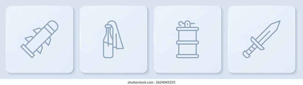 Set line Rocket, Hand smoke grenade, Cocktail molotov and Sword. White square button. Vector