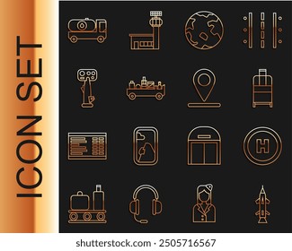 Set line Rocket, Helicopter landing pad, Suitcase, Worldwide, Airport luggage towing truck, Aircraft steering helm, Fuel tanker and Location icon. Vector