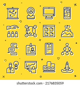 Set Line Rocket, Hierarchy Organogramm Diagramm, Berge mit Fahne, Computer-Monitor, Position der Welt, Boss Mitarbeiter, Planungsstrategie-Konzept und Browser-Dateien Symbol. Vektorgrafik
