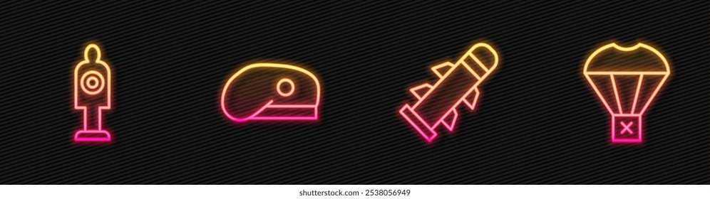 Set line Rakete, Menschliche Zielsportart zum Schießen, Military Basketball und Box fliegen auf Fallschirm. Leuchtendes Neonsymbol. Vektorgrafik