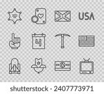 Set line Rocket launch from the spaceport, Retro tv, Flag Confederate, Western cowboy hat, Hexagram sheriff, Calendar with date July 4, Stacks paper money cash and American flag icon. Vector