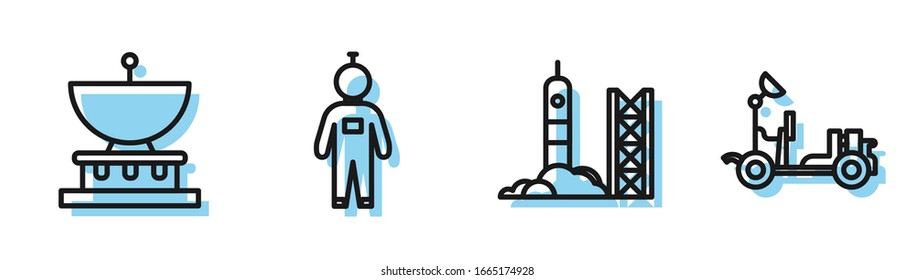 Set line Rocket launch from the spaceport, Planet Saturn, Astronaut and Mars rover icon. Vector