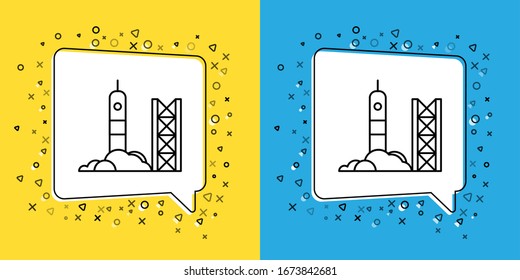 Set line Rocket launch from the spaceport icon isolated on yellow and blue background. Launch rocket in space.  Vector Illustration