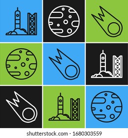 Set line Rocket launch from the spaceport, Comet falling down fast and Satellite dish icon. Vector
