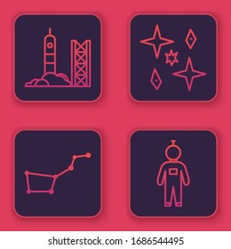 Set line Rocket launch from the spaceport, Great Bear constellation, Planet and Astronaut. Blue square button. Vector