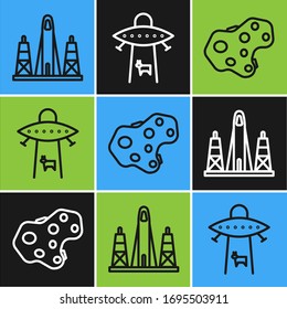 Set line Rocket launch from the spaceport, Asteroid and Planet icon. Vector