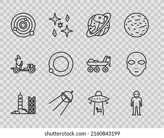 Set line Rocket launch from the spaceport, Alien, Space capsule and parachute, Satellite, Solar system, Satellites orbiting planet Earth, Planet and  icon. Vector