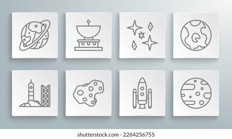 Set line Rocket launch from the spaceport, Planet Saturn, Asteroid, Space shuttle and rockets, Satellite dish, Earth globe and capsule parachute icon. Vector
