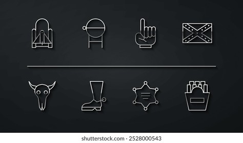 Set line Rocket launch from the spaceport, Buffalo skull, Flag Confederate, Hexagram sheriff, Cowboy boot, Barbecue grill, Potatoes french fries in box and Number 1 one fan hand glove icon. Vector