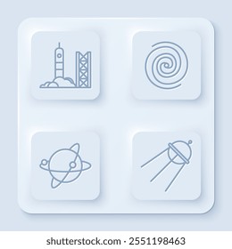 Set line Raketenstart vom Weltraumbahnhof, Schwarzes Loch, Satelliten, die den Planeten Erde und Satelliten umkreisen. Weißer quadratischer Knopf. Vektorgrafik