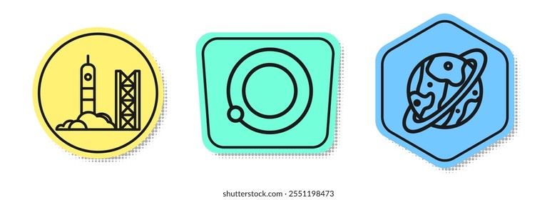 Set line Rocket launch from the spaceport, Satellites orbiting the planet Earth and Space capsule and parachute. Colored shapes. Vector
