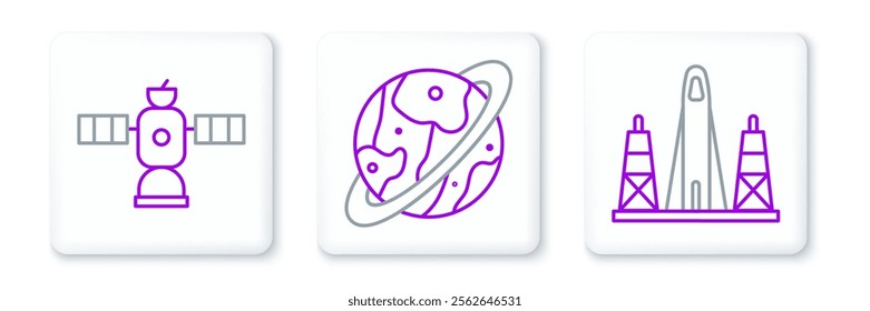 Set line Rocket launch from the spaceport, Satellite and Space capsule and parachute icon. Vector