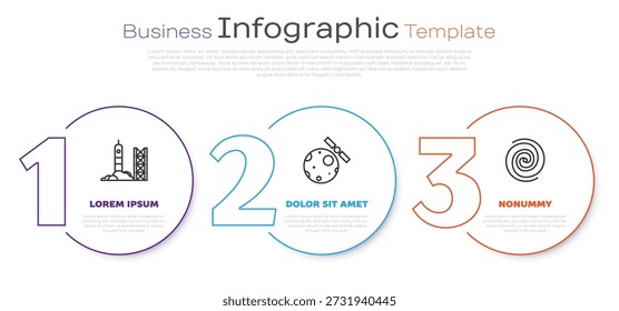 Lançamento do foguete a partir do porto espacial, satélites orbitando o planeta Terra e buraco negro. Modelo de infográfico comercial. Vetor