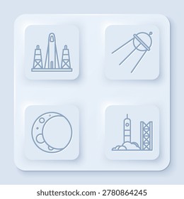 Set line Rocket launch from the spaceport, Satellite, Moon and Rocket launch from the spaceport. White square button. Vector