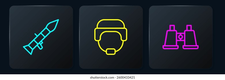 Set line Rocket launcher, Binoculars and Military helmet. Black square button. Vector
