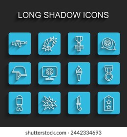 Set line Rocket launcher, Bomb explosion, M16A1 rifle, Military knife, rank, Location peace, reward medal and Torch flame icon. Vector
