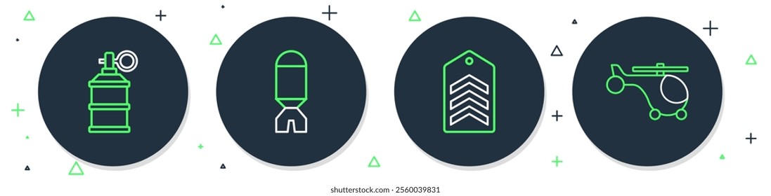 Set line Rocket launcher, Chevron, Hand smoke grenade and Helicopter icon. Vector