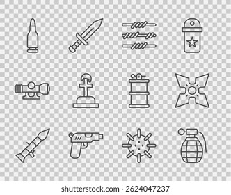 Lançador de foguetes, granada de mão, arame farpado, pistola ou arma, bala, túmulo de soldado, mina naval e ícone japonês ninja shuriken. Vetor