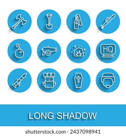Set line Rocket launcher, Hiking backpack, War axe, Coffin with cross, Military helmet, Cannon, headquarters and Bomb explosion icon. Vector