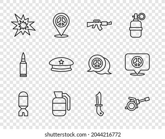 Set Line Raketenabschussvorrichtung, Howitzer, M16A1 Gewehr, Handgranate, Bombenexplosion, Militärhirte, Messer und Location Friedenssymbol. Vektorgrafik