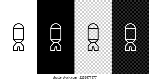 Fijar el lanzador de cohetes de línea con un icono de misil aislado en fondo transparente, blanco y negro.  Vector