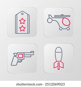 Set line Rocket launcher, Pistol or gun, Helicopter and Military rank icon. Vector