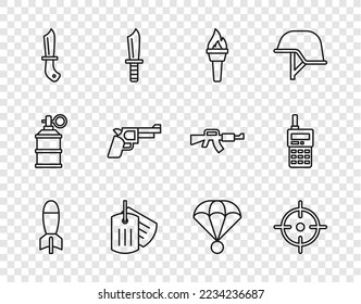 Set line Rocket launcher, Target sport, Torch flame, Military dog tag, knife, Pistol gun, Parachute and Walkie talkie icon. Vector