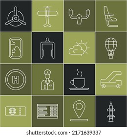 Set line Rocket, Passenger ladder for plane boarding, Hot air balloon, Aircraft steering helm, Metal detector airport, Airplane window, Plane propeller and Sun and cloud weather icon. Vector