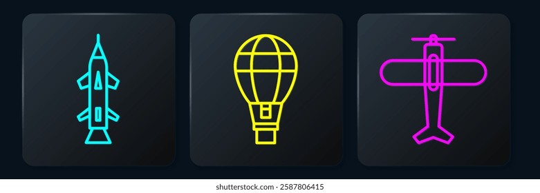Set line Rocket, Plane and Hot air balloon. Black square button. Vector