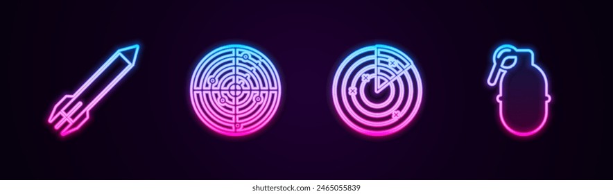 Establecer línea de cohete, radar con objetivos, y granada de mano. Icono de neón brillante. Vector