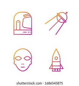 Set line Rocket ship, Alien, Astronaut helmet and Satellite. Gradient color icons. Vector