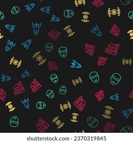 Set line Rocket ship, Alien, Cosmic and Astronaut helmet on seamless pattern. Vector