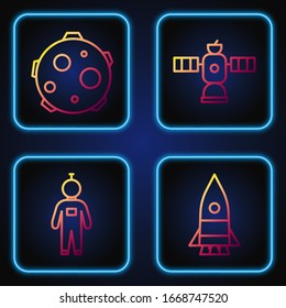 Set line Rocket ship, Astronaut, UFO abducts cow and Satellite. Gradient color icons. Vector