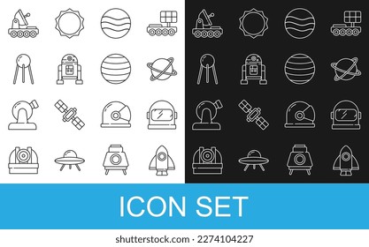 Set line Rocket ship, Astronaut helmet, Satellites orbiting the planet, Planet, Robot, Mars rover and Venus icon. Vector