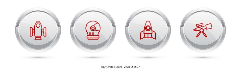 Set line Rocket ship, Astronaut helmet,  and Telescope. Silver circle button. Vector