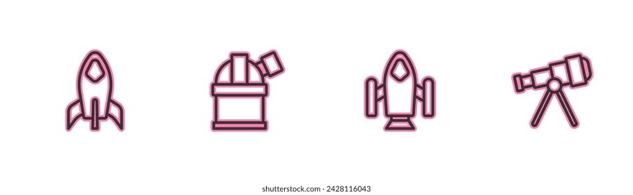 Set line Raketenschiff, , Astronomisches Observatorium und Teleskop-Symbol. Vektor