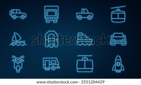 Set line Rocket ship, Car, Pickup truck, Rafting boat, Yacht sailboat, Off road car, Cruise and Delivery cargo icon. Vector