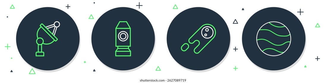 Set line Rocket ship, Comet falling down fast, Satellite dish and Planet icon. Vector