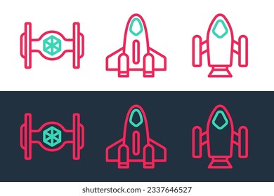 Set line Rocket ship, Cosmic and  icon. Vector