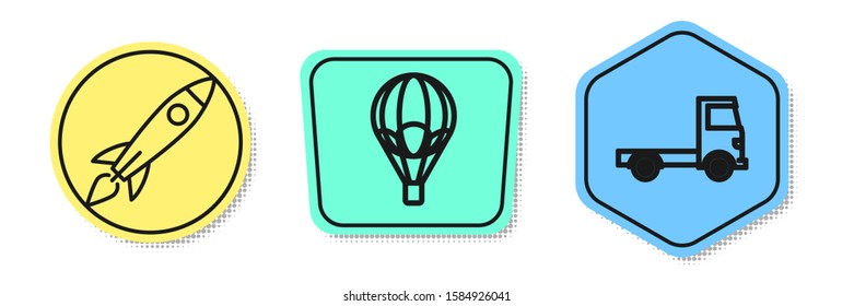 Set line Rocket ship with fire, Hot air balloon and Delivery cargo truck vehicle. Colored shapes. Vector
