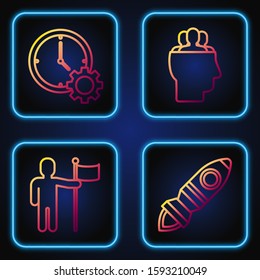 Set line Rocket ship with fire, Man holding flag, Time Management and Project team base. Gradient color icons. Vector