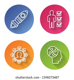 Set line Rocket ship with fire, User of man in business suit, Project team base and Human head puzzles strategy. Color circle button. Vector